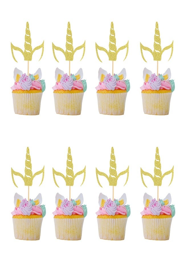 Arthsdite 24pcs Gold Glitter Unicorn Horn Cupcake Toppers for Unicorn Theme Party - Image 1