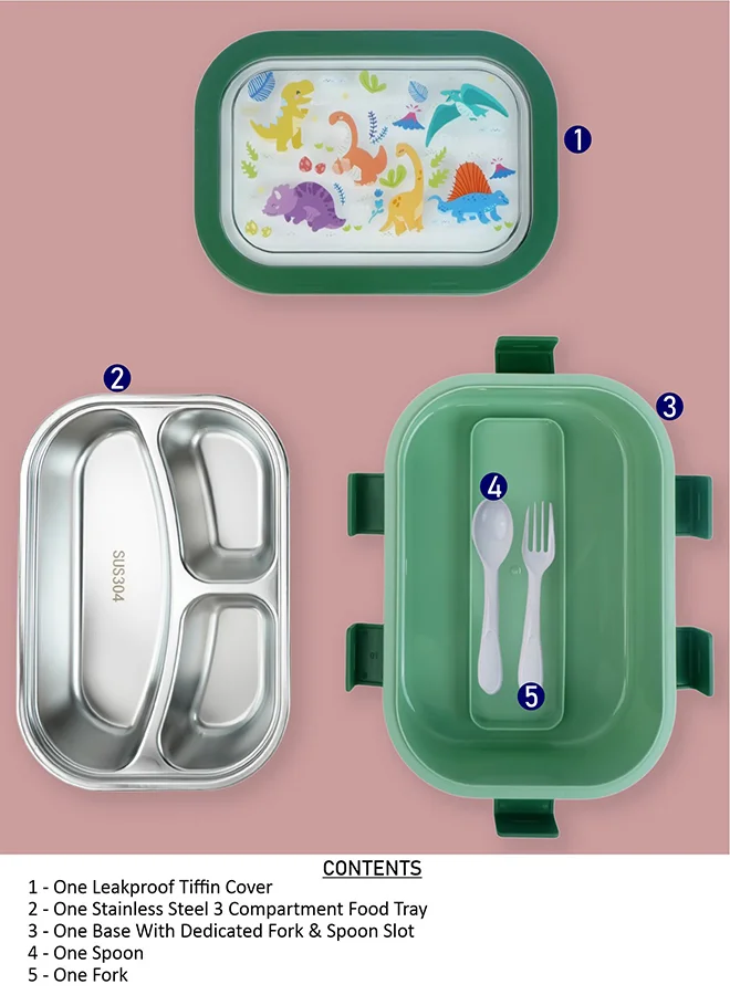 ليتل سربرايز بوكس Little Surprise Box, 2 pcs Dino LunchBag & Stainless Steel 3 section Lunch box for Kids