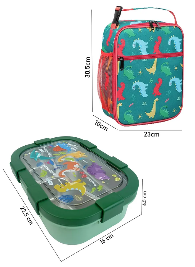 ليتل سربرايز بوكس Little Surprise Box, 2 pcs Dino LunchBag & Stainless Steel 3 section Lunch box for Kids