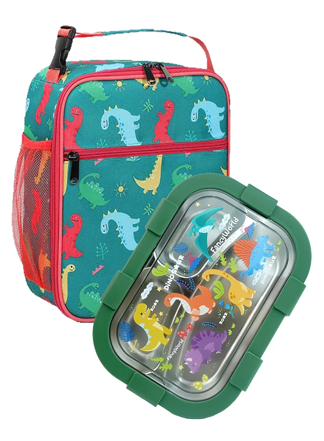 LITTLE SURPRISE BOX Little Surprise Box, 2 pcs Dino LunchBag & Stainless Steel 3 section Lunch box for Kids