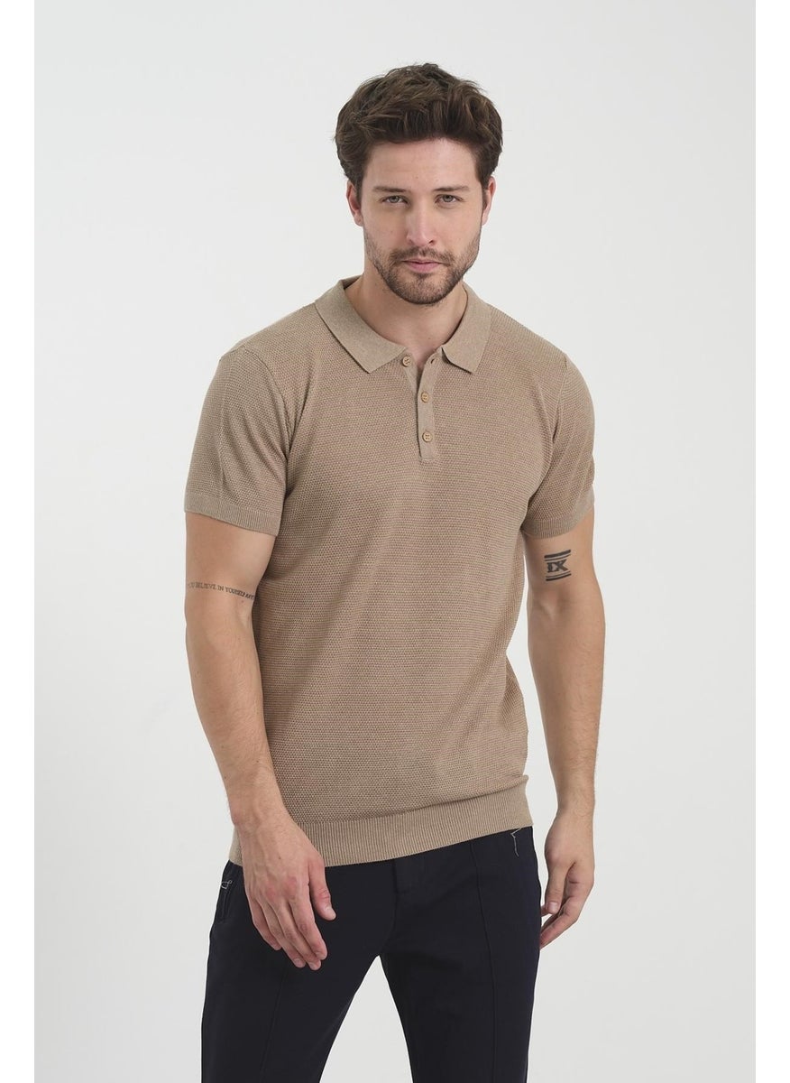 Odelon - Men's Polo Neck Jacquard Knitwear T-Shirt Beige - Image 1