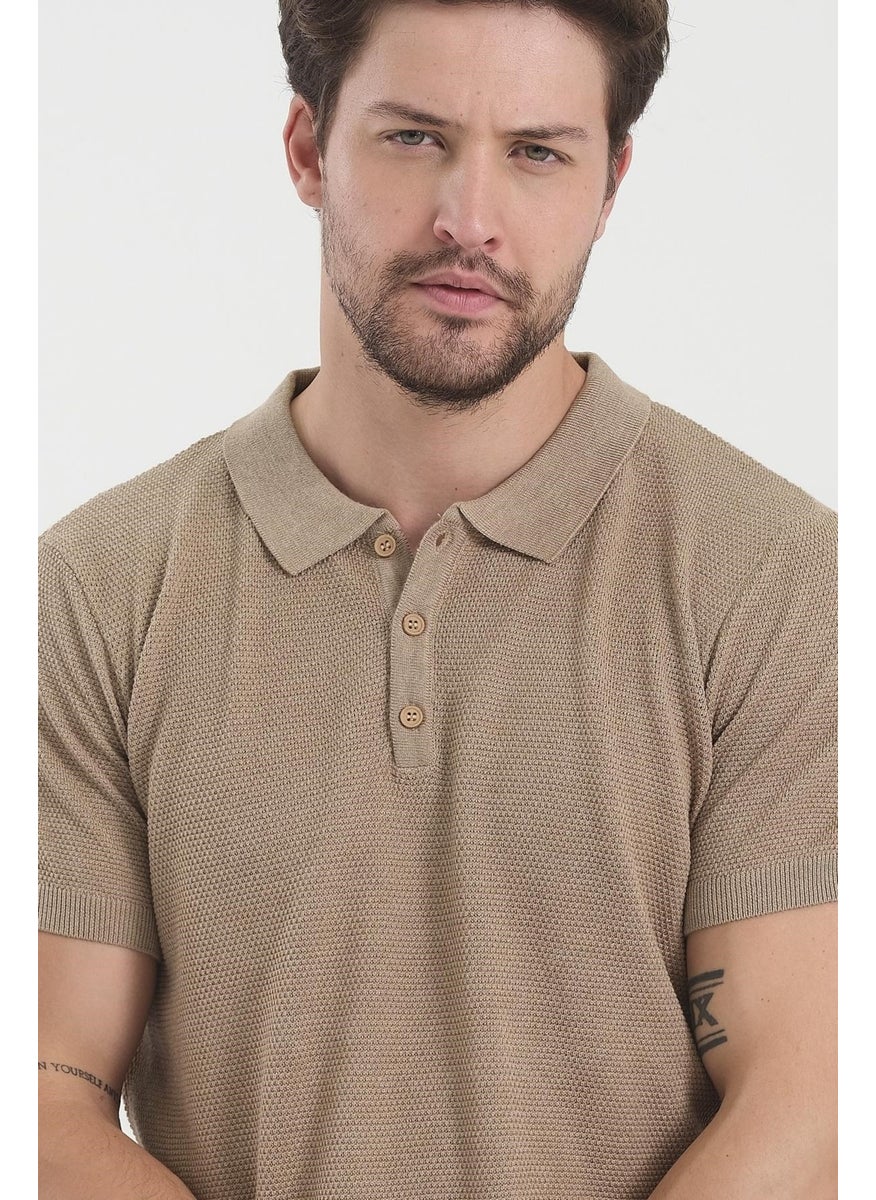 Odelon - Men's Polo Neck Jacquard Knitwear T-Shirt Beige - Image 1