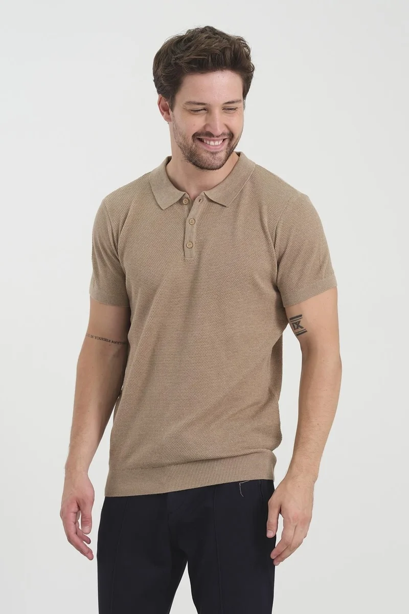 اوديلون Men's Polo Neck Jacquard Knitwear T-Shirt Beige