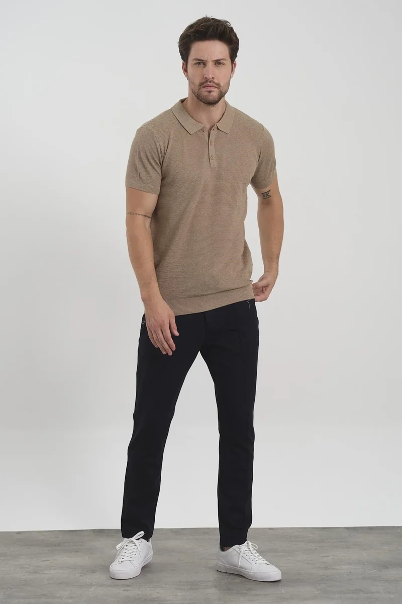 اوديلون Men's Polo Neck Jacquard Knitwear T-Shirt Beige
