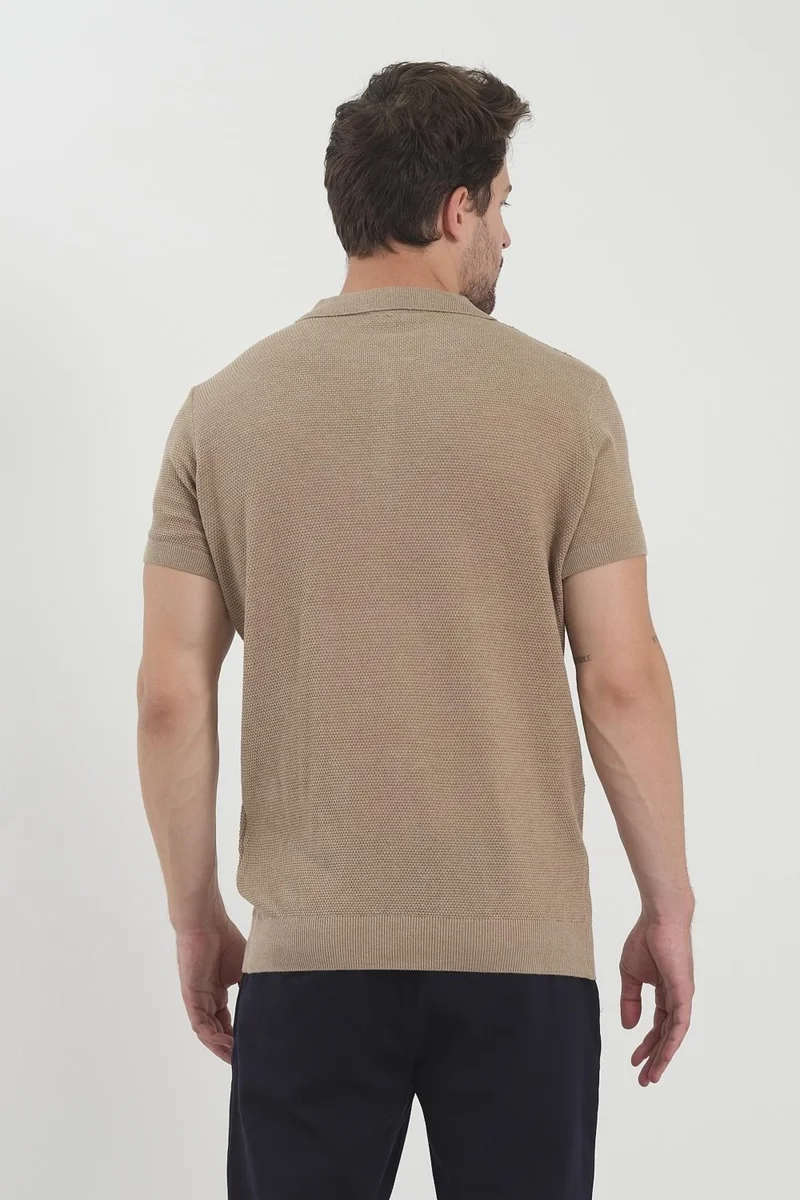 اوديلون Men's Polo Neck Jacquard Knitwear T-Shirt Beige