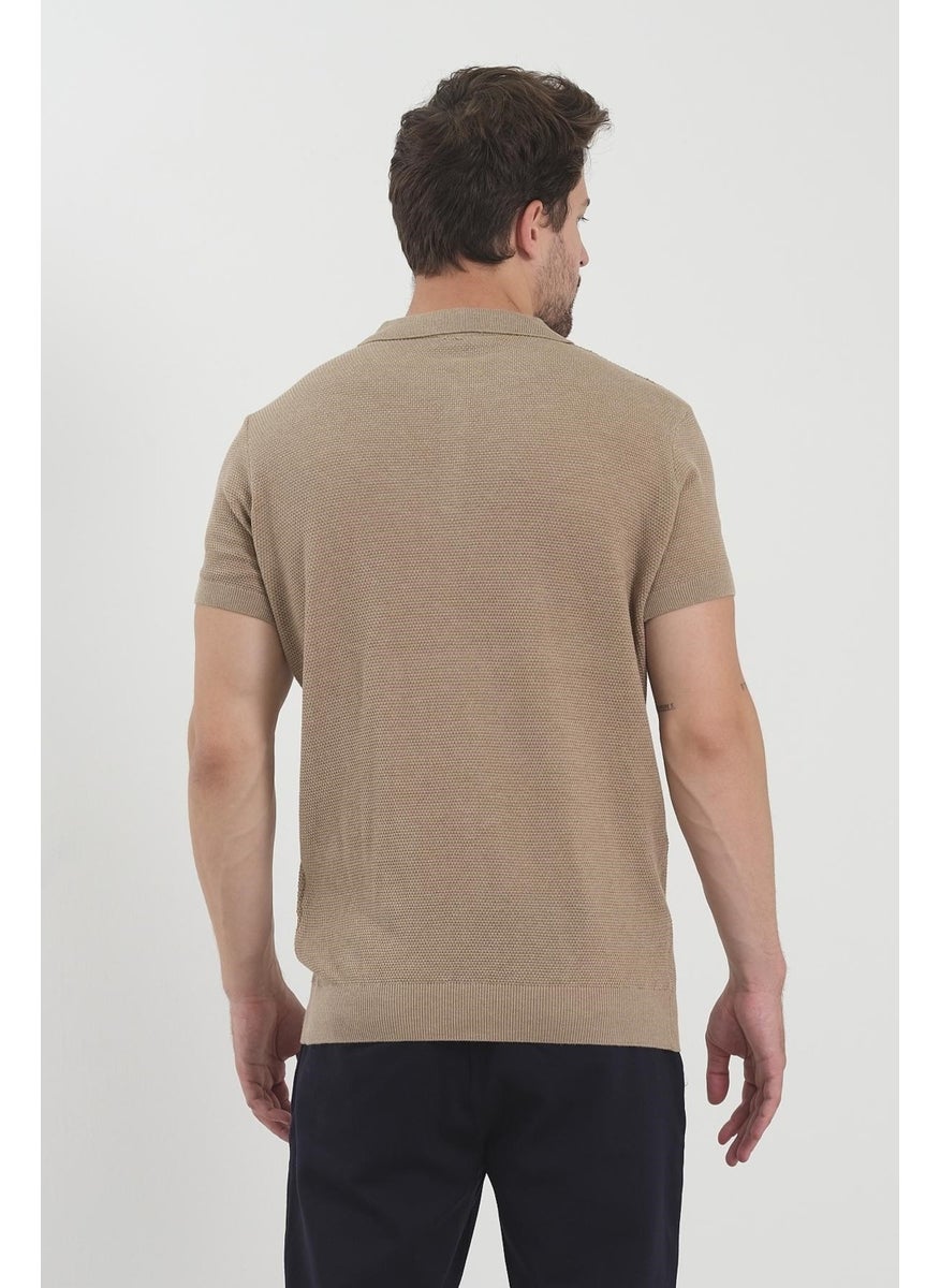 Odelon - Men's Polo Neck Jacquard Knitwear T-Shirt Beige - Image 1