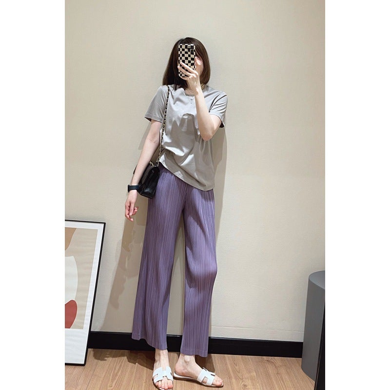 in stock Miyake Pleated Irregular Solid Color Top Short-sleeved Summer Loose Belly-covering Mid-length Slim T-shirt for Women Midline Purple Pants