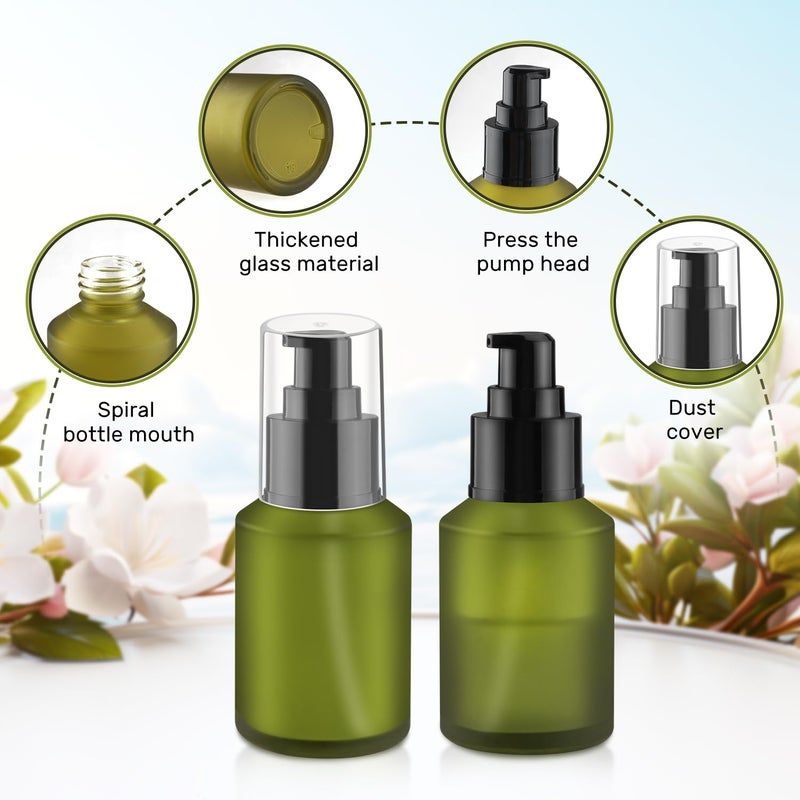 BOSMIOW 5 Pieces 60ml/2oz Empty Green Glass Lotion Pump Bottles,Refillable Essential Oil Jars with 1 Funnel and 1 Pipette,Cosmetic Sample Containers for Foundation,Cream,Gel,Shampoo - Image 3