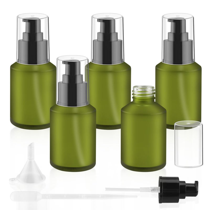 BOSMIOW 5 Pieces 60ml/2oz Empty Green Glass Lotion Pump Bottles,Refillable Essential Oil Jars with 1 Funnel and 1 Pipette,Cosmetic Sample Containers for Foundation,Cream,Gel,Shampoo - Image 1