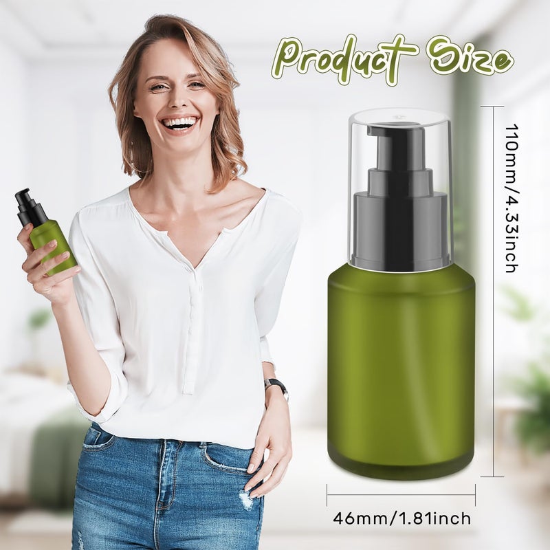 BOSMIOW 5 Pieces 60ml/2oz Empty Green Glass Lotion Pump Bottles,Refillable Essential Oil Jars with 1 Funnel and 1 Pipette,Cosmetic Sample Containers for Foundation,Cream,Gel,Shampoo - Image 2