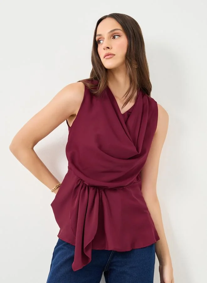 Styli Styli Burgundy Off White Shawl Drape Sleeveless Top
