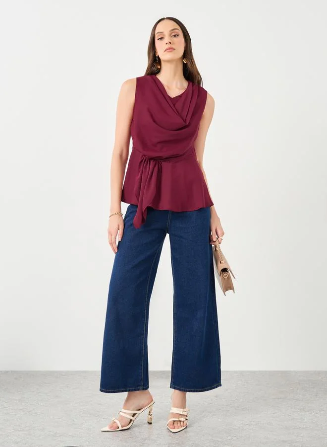 Styli Styli Burgundy Off White Shawl Drape Sleeveless Top