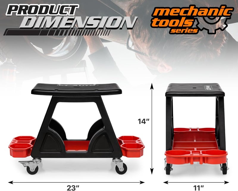 M-AUTO Mechanic Stool Detailing Seat with Lockable Swivel Wheels - 300LBS Capacity, 23" Red - Image 3