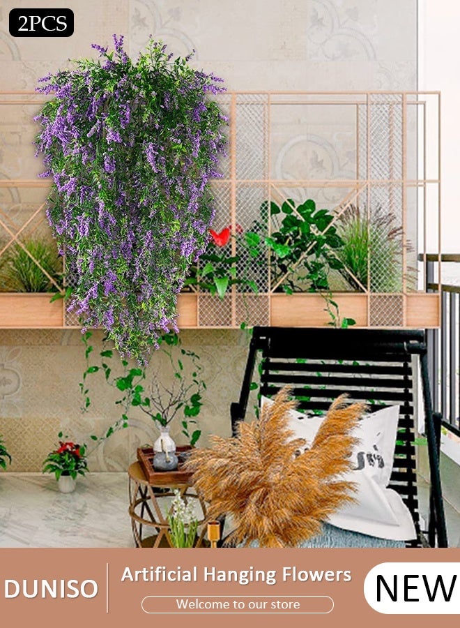 DUNISO زهور صناعية مزيفة معلقة للنباتات لتزيين الربيع في الهواء الطلق، 2 قطع من زهور صناعية متسلقة، إكليل معلّق من الزهور المزيفة من الحرير لتزيين الحديقة أو الفناء الداخلي أو الخارجي، بدون سلة زهور (بنفسجي) - Image 1