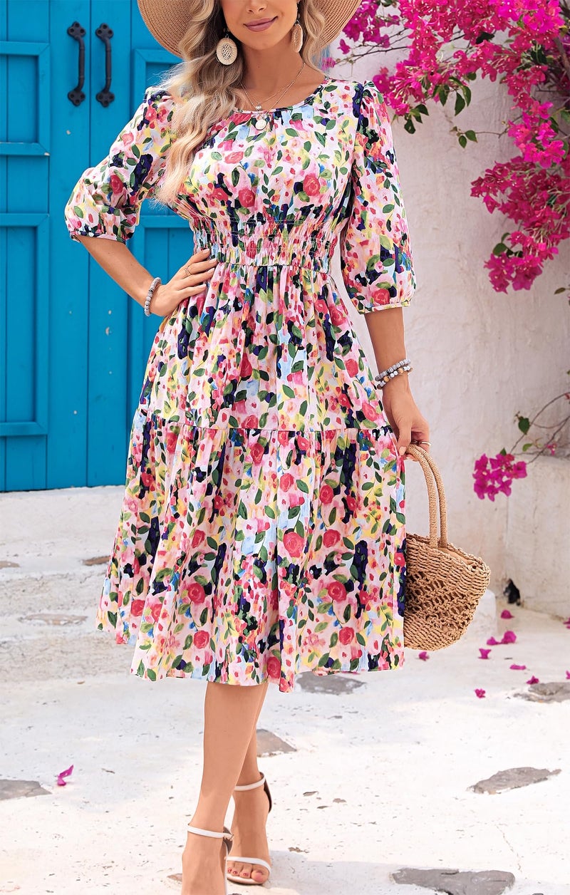 Kormei Women Summer Casual Boho Floral Round Neck 3/4 Sleeve Smocked Waist Tiered Flowy Swing Midi Dress L Red/Blue - Image 2