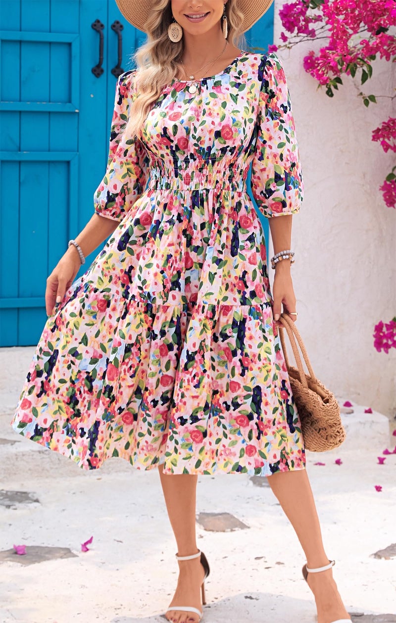 Kormei Women Summer Casual Boho Floral Round Neck 3/4 Sleeve Smocked Waist Tiered Flowy Swing Midi Dress L Red/Blue - Image 4