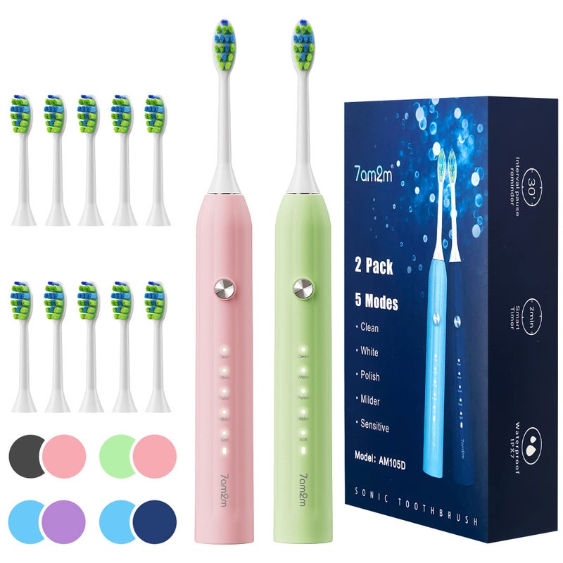 7AM2M Rechargeable Sonic Electric Toothbrush 2 Pack Soft Toothbrushes for Adults and Kids with 12 Brush Heads IPX7 One Charge Use for 60 Days 5 Modes with 2 Minutes Build in Smart Timer