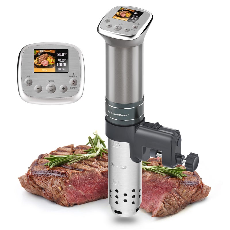 KitchenBoss KitchenBoss Sous Vide Cooker Machine UltraQuiet Builtin TFT Recipes IPX7 Waterproof circulator cooker Brushless DC motor 1100 Watts Immersion Circulator Sousvide Cooking Machine G321 Silver 