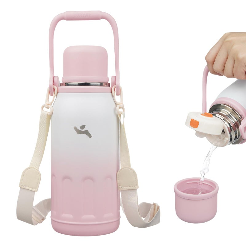 Konokyo Insulated Water Bottle with Handle and Strap,Vacuum Travel Tumbler with Cup Lid,Thermo Coffee Cup for Hot Cold Drinks 40 OZ,Pink Pearl - Image 1