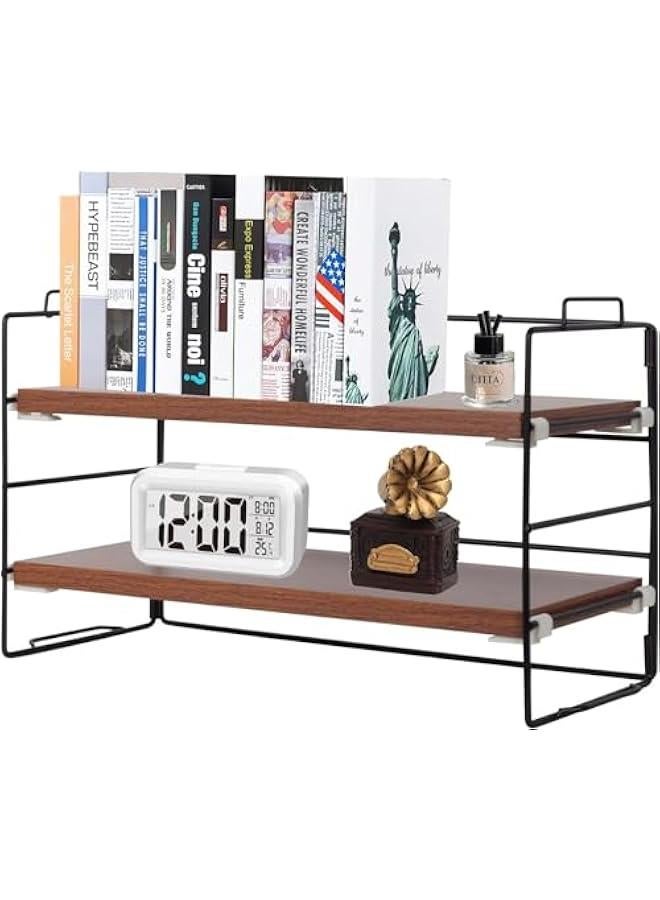 هوكور ارفف سطح المكتب رف منظم الخشبي من طبقتين عرض قابل للتعديل ديكور مكتبي لسطح الطاولة المدرسة تنظيم السكن ابيض وخشبي حديد - Image 1