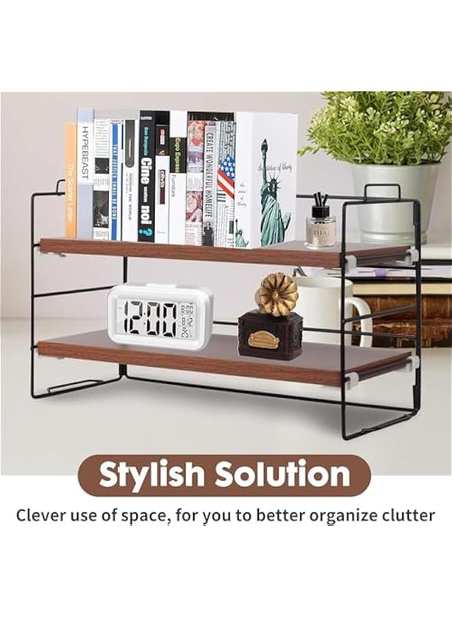 هوكور ارفف سطح المكتب رف منظم الخشبي من طبقتين عرض قابل للتعديل ديكور مكتبي لسطح الطاولة المدرسة تنظيم السكن ابيض وخشبي حديد - Image 3