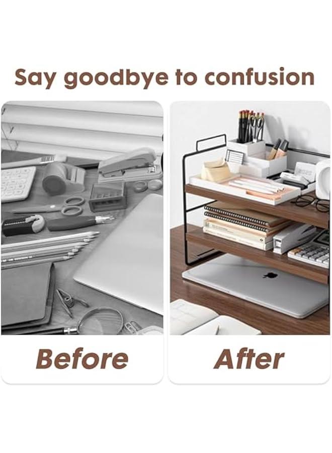 هوكور ارفف سطح المكتب رف منظم الخشبي من طبقتين عرض قابل للتعديل ديكور مكتبي لسطح الطاولة المدرسة تنظيم السكن ابيض وخشبي حديد - Image 5