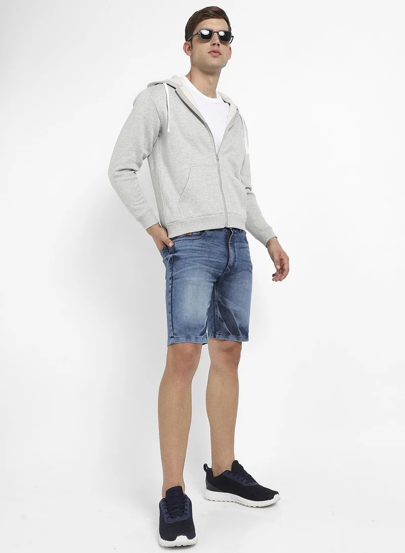 Campus Sutra Men's Light Grey Zip-Front Hoodie With Contrast Drawstring