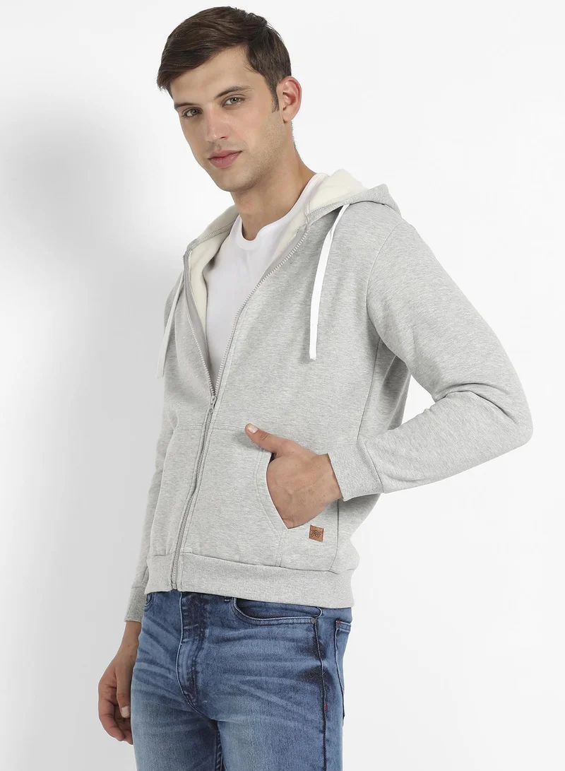 Campus Sutra Men's Light Grey Zip-Front Hoodie With Contrast Drawstring