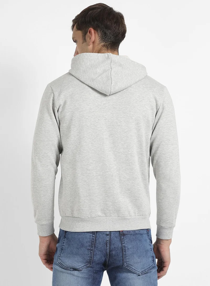 Campus Sutra Men's Light Grey Zip-Front Hoodie With Contrast Drawstring