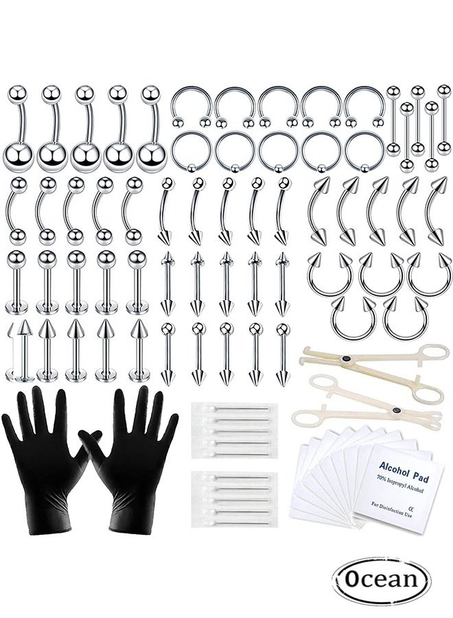Ocean Piercing Kit 14G, 84Pcs 16G Nose Septum Rings Piercing Jewelry for Ear Lip Belly Button Tongue Tragus Cartilage Body Piercing Tools Kit, with Piercing Needle, Silver - Image 1
