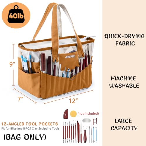APOFFICE Pottery Tools Bag with Pockets for Clay Sculpting Tools Ceramic Tools Art Supply Organizer for Polymer Clay Tools Craft Tote Yarn Crochet Storage Washable Canvas Artist Bag Gift - Image 3
