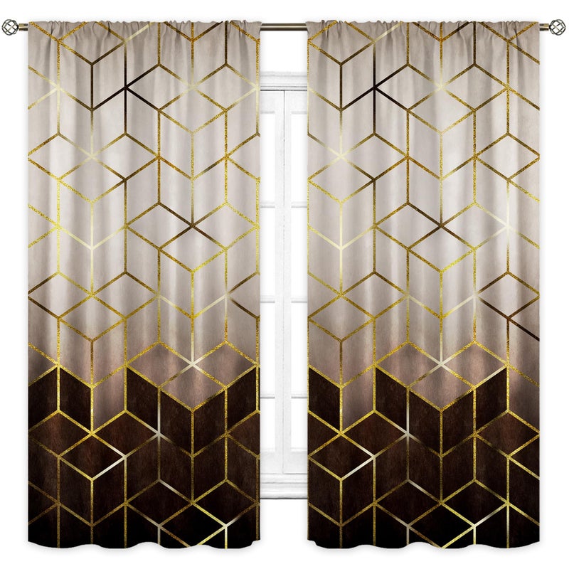 Cinbloo Abstract Geometric Curtains 42W x 63L Inch Rod Pocket Ombre Brown Marble Bedroom Decor Cubic Grid Pattern Aesthetic Gold Lines Modern Art Printed Living Room Window Drapes Fabric 2 Panel