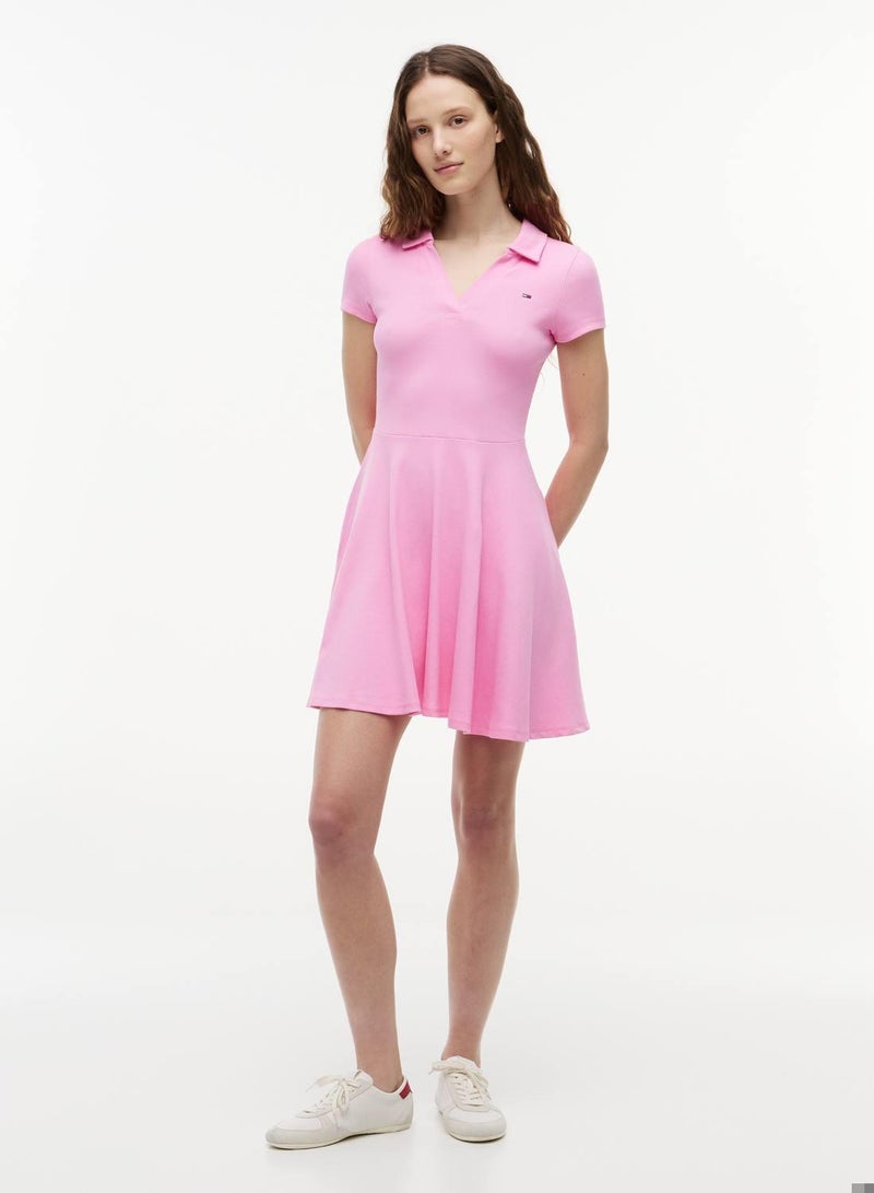 TOMMY JEANS Ribbed Fit And Flare Mini Polo Dress - Image 1