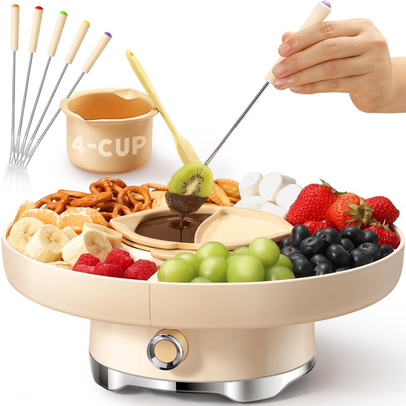 LUSHYUM Chocolate Fondue Pot Set Electric Melting Machine 4Cup Capacity 4 Trays 5 Forks 1 Spatula Cheese Warmer Ideal Gift for Couple Family Date Night Idea House Warming Holidays Essentials - Image 2