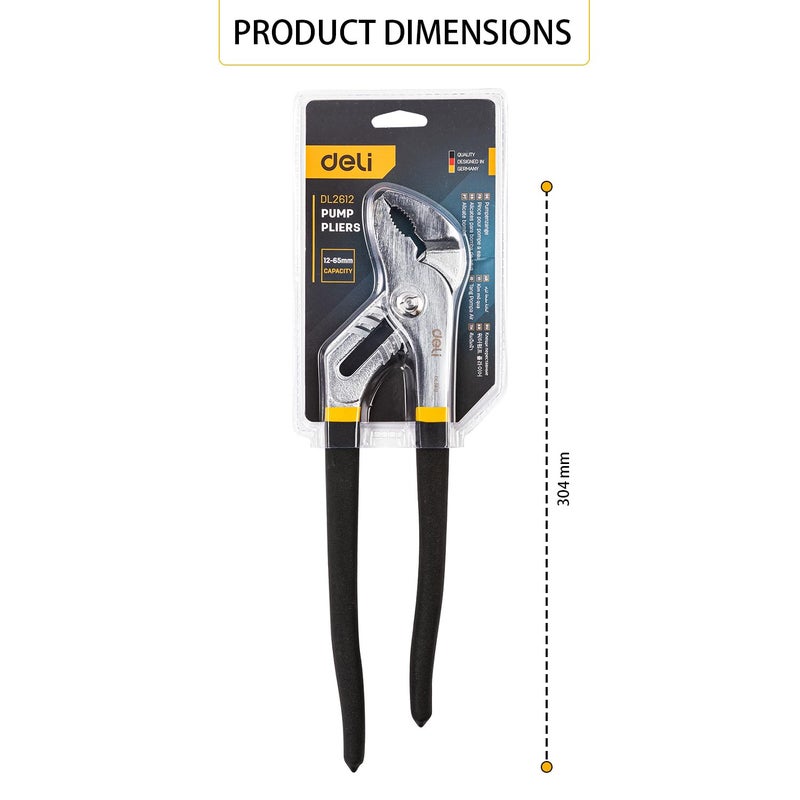 Deli DL2612 12" Water Pump Plier with 7 Position Adjustment & High Torque Grip Carbon Steel Heat Treated Head for Plumbing Home and Mechanical Purpose (Pack of 1, Yellow) - Image 2