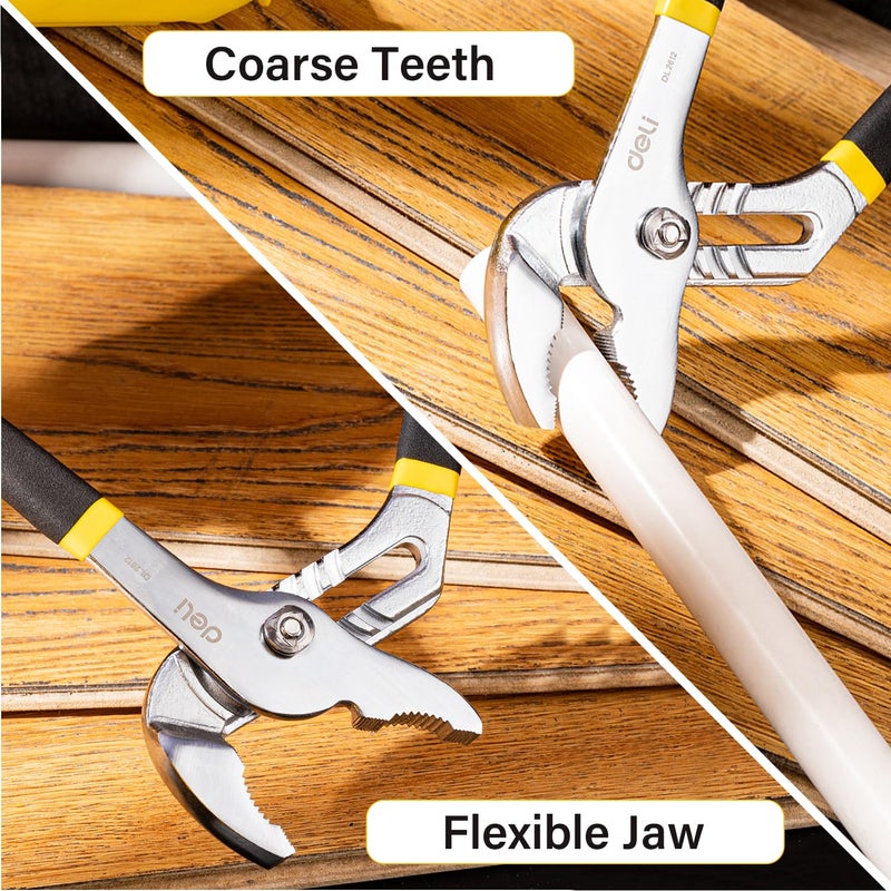 Deli DL2612 12" Water Pump Plier with 7 Position Adjustment & High Torque Grip Carbon Steel Heat Treated Head for Plumbing Home and Mechanical Purpose (Pack of 1, Yellow) - Image 4