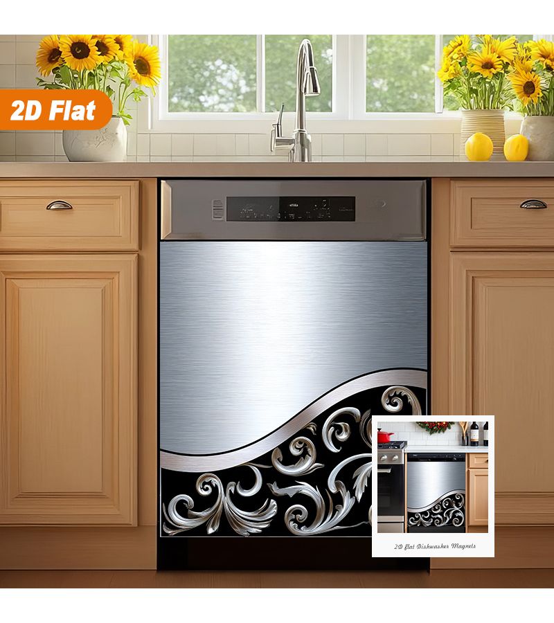 1pc 2d Elegant Silvery Scroll On Black Background Magnetic Dishwasher Door Cover Sticker Heat Resistant Easy To Clean Reusable Suitable For Dishwasher Refrigerator Dryer Washing Machine Decoration 23 03x25 59inch - Image 4