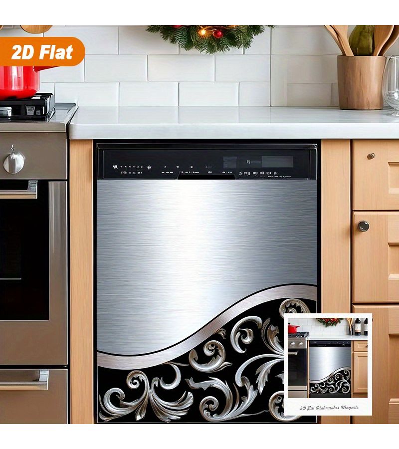 1pc 2d Elegant Silvery Scroll On Black Background Magnetic Dishwasher Door Cover Sticker Heat Resistant Easy To Clean Reusable Suitable For Dishwasher Refrigerator Dryer Washing Machine Decoration 23 03x25 59inch - Image 1