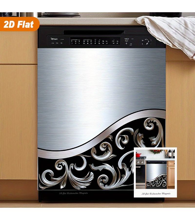 1pc 2d Elegant Silvery Scroll On Black Background Magnetic Dishwasher Door Cover Sticker Heat Resistant Easy To Clean Reusable Suitable For Dishwasher Refrigerator Dryer Washing Machine Decoration 23 03x25 59inch - Image 2