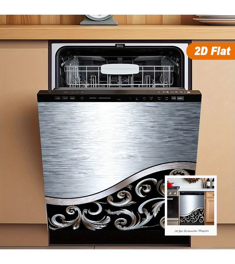 1pc 2d Elegant Silvery Scroll On Black Background Magnetic Dishwasher Door Cover Sticker Heat Resistant Easy To Clean Reusable Suitable For Dishwasher Refrigerator Dryer Washing Machine Decoration 23 03x25 59inch - Image 5