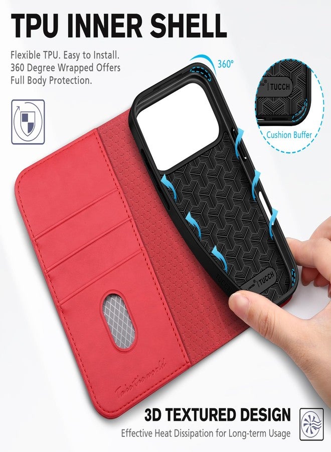 TUCCH Case Wallet for iPhone 17 Pro (6.3") 2025, RFID Blocking, 3 Card Holders, Kickstand, PU Leather, Protective Flip Folio Cover, TPU Shockproof Interior Shell, Bright Red - Image 4