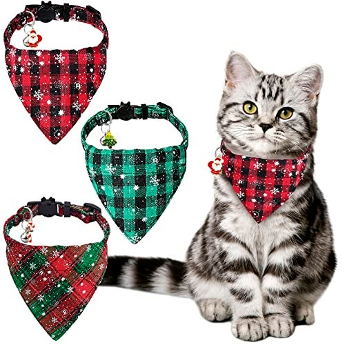 YUJUN 3Pack Christmas Cat Bandana Collars Breakaways with Bell Christmas Adjustable Plaid Snowflake Collar Buckle Safety for Puppy Kittens - Image 1