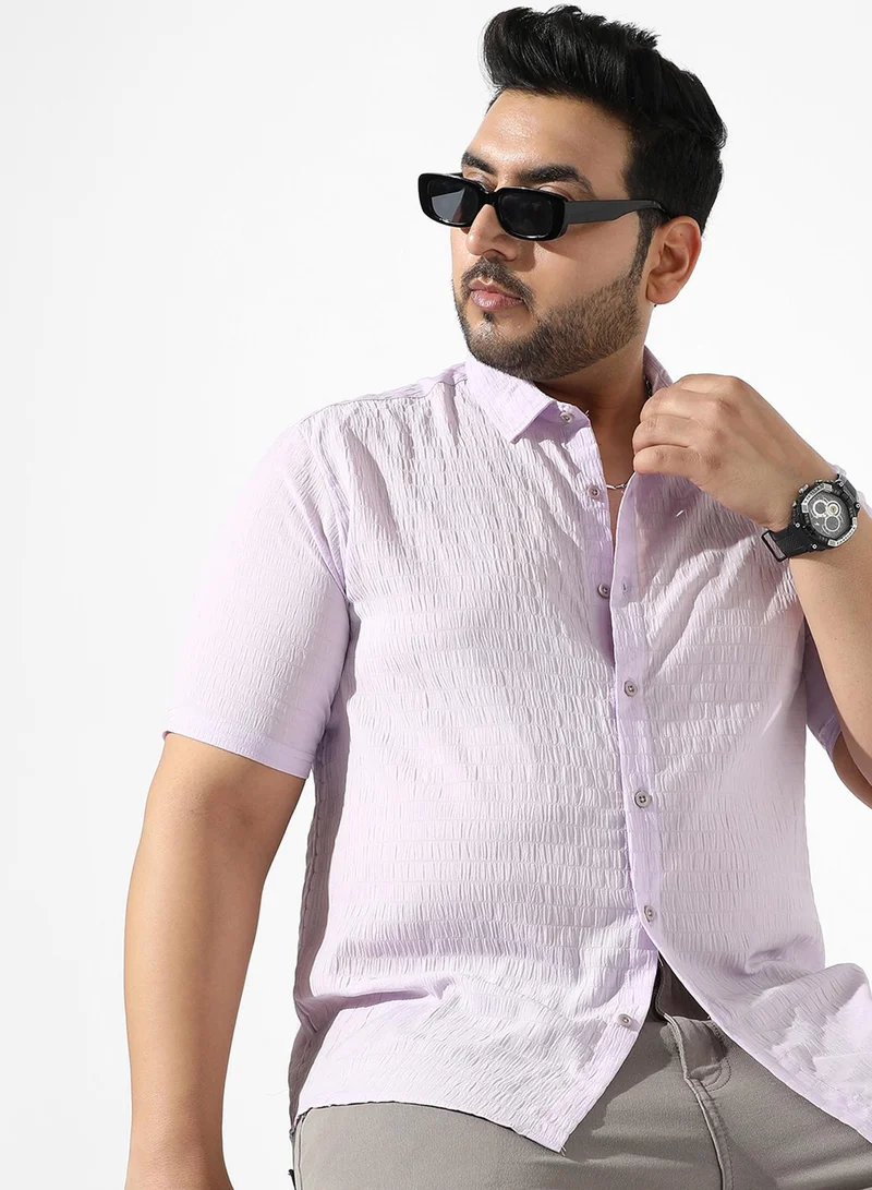 Men's Lavender Ruched Button Up Shirt For Casual Wear | Regular Fit | Poly Lycra Shirt Crafted With Short Sleeve & Enhanced Stretch Comfort Fit For Everyday Wear