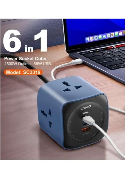 شاحن USB-C بقوة 65 وات، مقبس تمديد 6 في 1 مع 3 منافذ تيار متردد عالمية و3 منافذ USB، شحن سريع PD3.0 QC3.0، سلك بطول 2 متر، للمنزل والمكتب