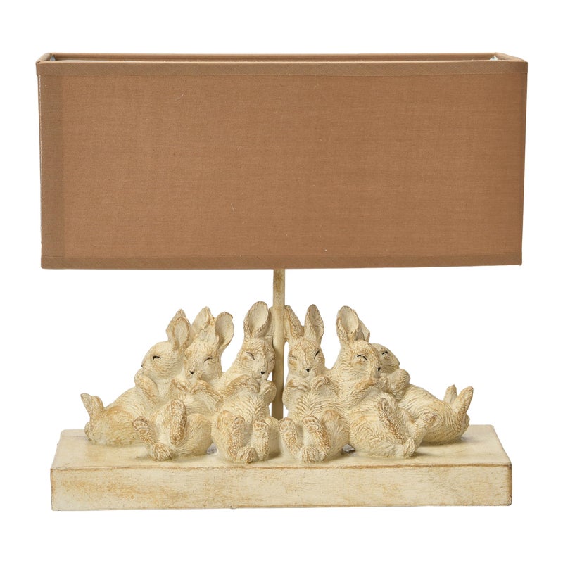 مصباح طاولة أرنب مطلي بالأبيض مع ظل من الكتان بلون الرمل