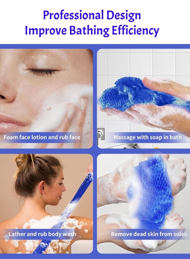 فَرَحُوم طقم إسفنج استحمام شبكي أفريقي مكون من 4 قطع، ليفة ناعمة لتقشير البشرة من النايلون، ليفة استحمام طويلة لتدليك الجسم، ليفة ظهر، وملطف للبشرة للاستخدام اليومي، بألوان الأسود والأزرق والوردي والبنفسجي. - Image 5