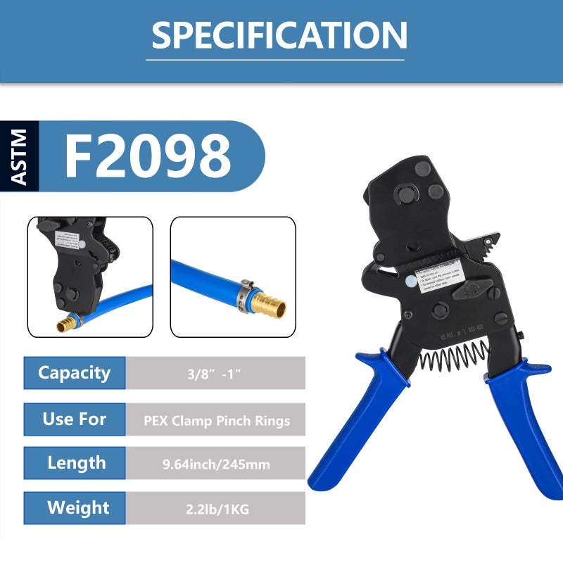 GUOFIS PEX Ratchet Cinch Clamp Tool for Stainless Steel Clamp Rings, One-Hand Ratchet Design Crimper Tool from 3/8", 1/2", 3/4", 5/8" and 1", ASTM2098 - Image 2