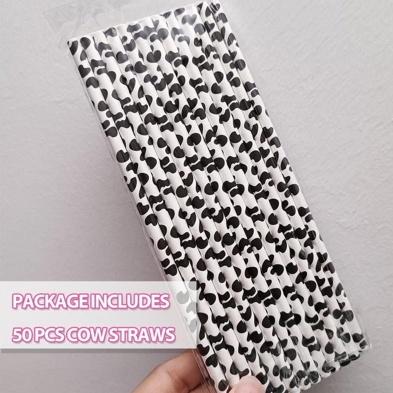 EaciTown Cow Print Paper Straws Cowboy Straws Cow Party Favors Cowgirl Baby Shower Decorations Farm Birthday Party Supplies  Standard  Black/White - Image 5