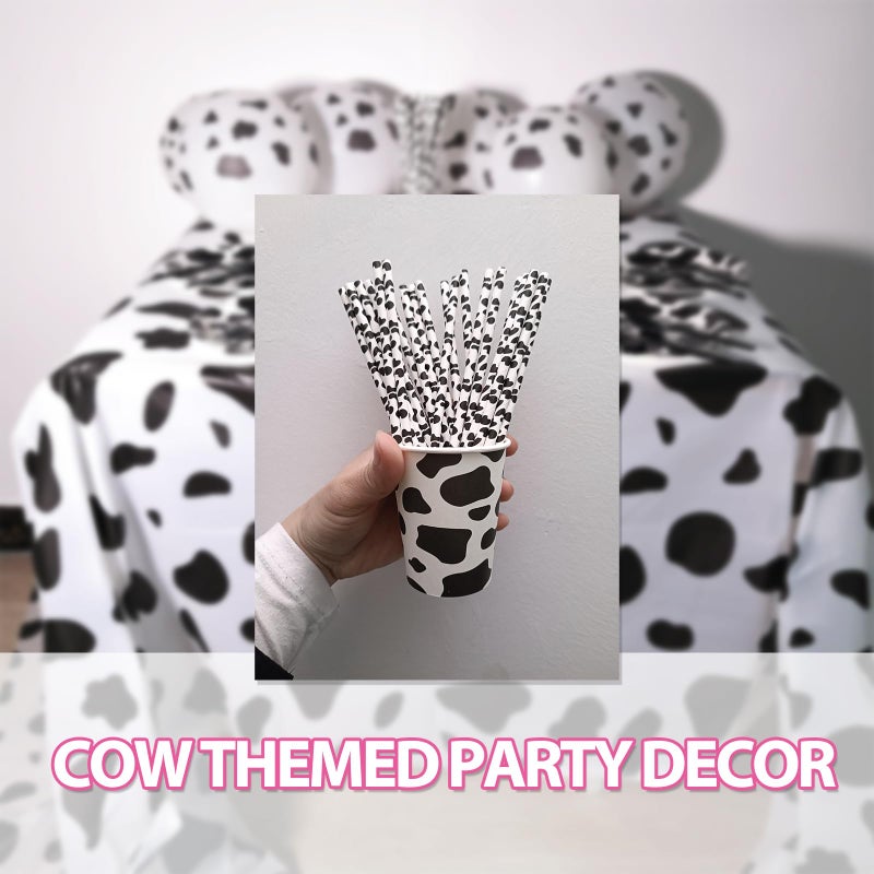 EaciTown Cow Print Paper Straws Cowboy Straws Cow Party Favors Cowgirl Baby Shower Decorations Farm Birthday Party Supplies  Standard  Black/White - Image 4