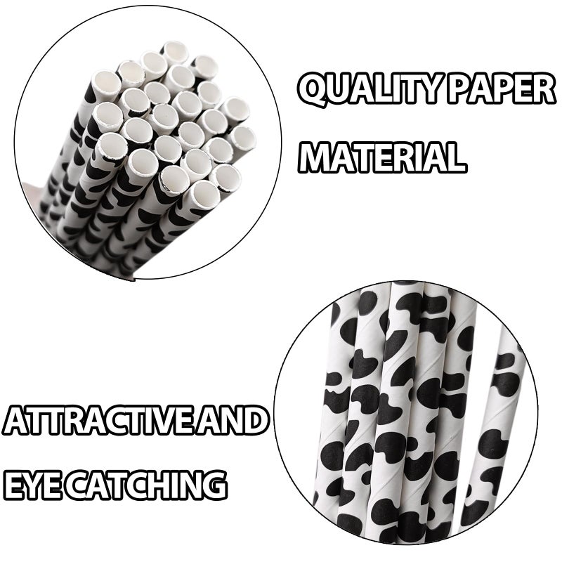 EaciTown Cow Print Paper Straws Cowboy Straws Cow Party Favors Cowgirl Baby Shower Decorations Farm Birthday Party Supplies  Standard  Black/White - Image 2
